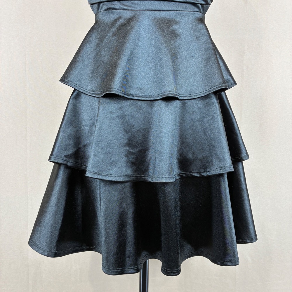 Honey and Rosie Tiered Dress M Satin Black Ruffle Cocktail Party Goth Glam - Picture 5 of 14